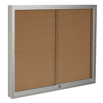 Double glass display case with cork surface, sliding doors, and a lock