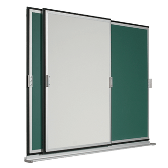 Horizontal sliding board with a stationary writing surface and a sliding writing surface