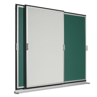 Horizontal sliding board with a stationary writing surface and a sliding writing surface