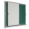 Horizontal sliding board with a stationary writing surface and a sliding writing surface